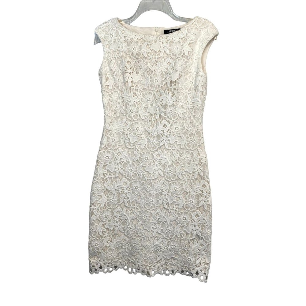 Vintage Lauren Ralph Lauren Dress Size 2 White Embroidery Lined Bodycon Wedding